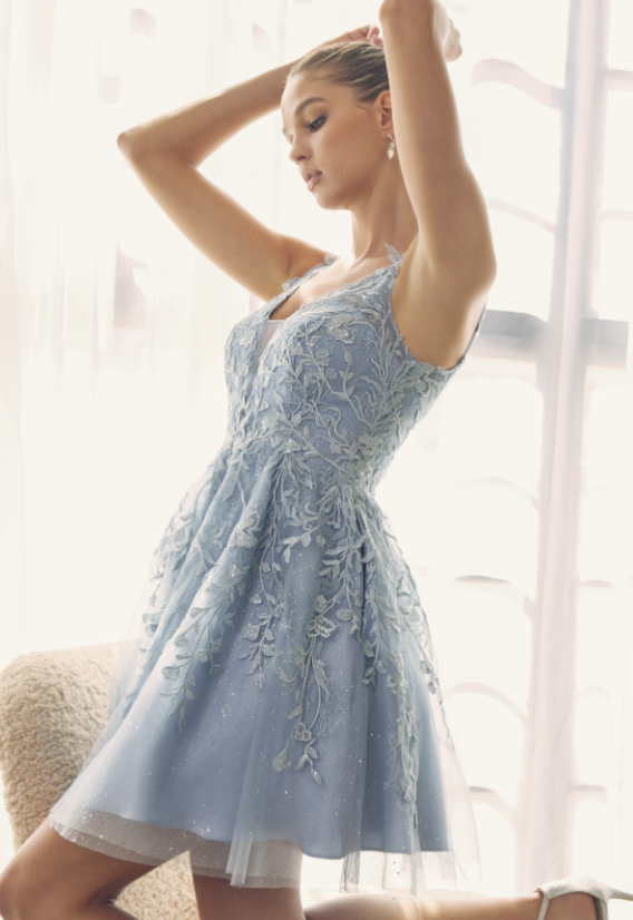 Short slate blue embroidered homecoming dress.