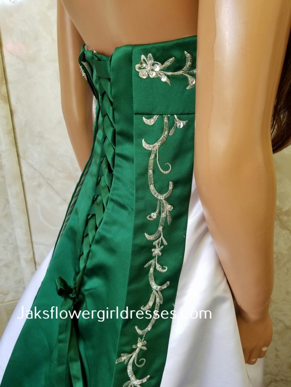 wedding dress colors of green and white with silver embroidery