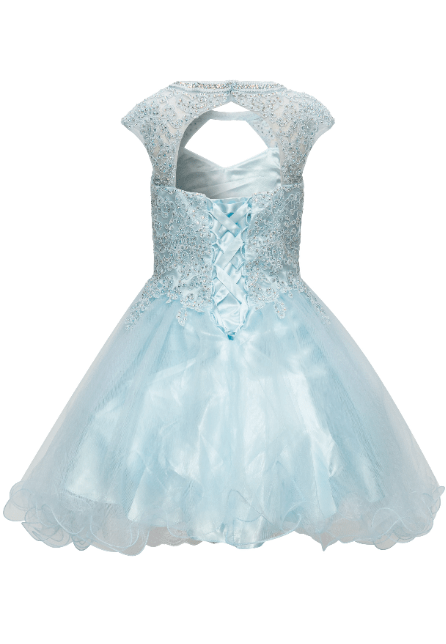 Blue short ruffle dress with lace and sparkling AB stone halter sweetheart neckline.  A lace tulle dress with an open cutout back and lace-up corset ties.