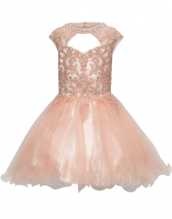Blush short ruffle dress with lace and sparkling AB stone halter sweetheart neckline.  A lace tulle dress with an open cutout back and lace-up corset ties.