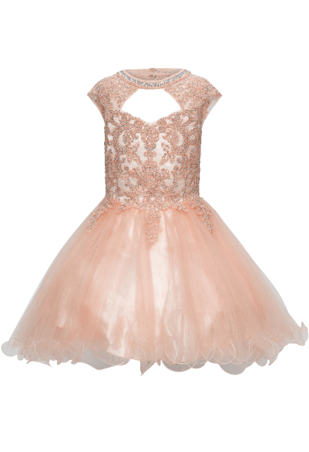 Blush short ruffle dress with lace and sparkling AB stone halter sweetheart neckline.  A lace tulle dress with an open cutout back and lace-up corset ties.