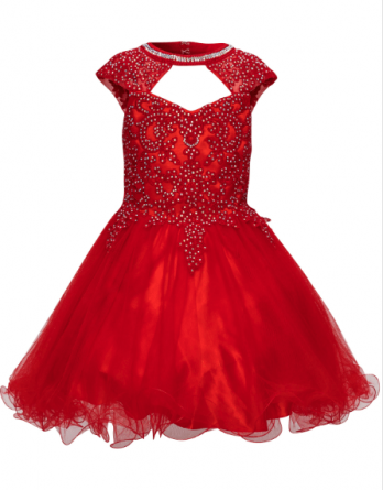 Red short ruffle dress with lace and sparkling AB stone halter sweetheart neckline.  A lace tulle dress with an open cutout back and lace-up corset ties.