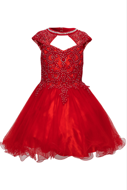 Red short ruffle dress with lace and sparkling AB stone halter sweetheart neckline.  A lace tulle dress with an open cutout back and lace-up corset ties.
