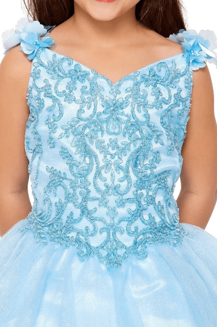 blue 3D flower dress, girls beaded glitter tulle dress
