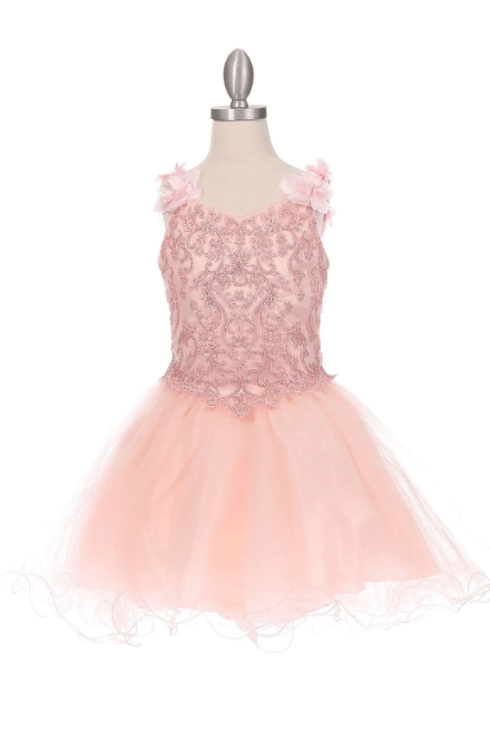 blush 3D flower dress. Beautiful, beaded bodice with 3D flower straps, wired glitter tulle skirt.