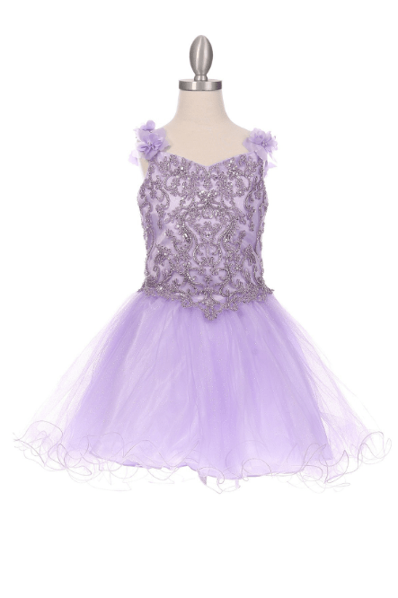 lilac 3D flower dress. Beautiful, beaded bodice with 3D flower straps, wired glitter tulle skirt.