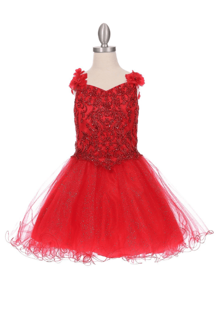 red 3D flower dress. Beautiful, beaded bodice with 3D flower straps, wired glitter tulle skirt.