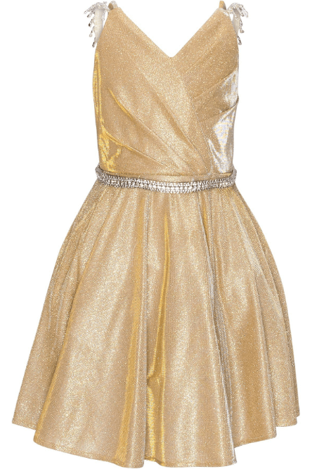 Gold A-line metallic glitter dress with lace-up back. A sleeveless sweetheart party dress has bejeweled straps, beaded waistband, side pockets.