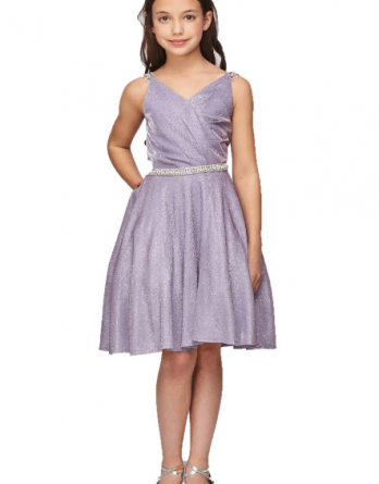 Lilac A-line metallic glitter dress with lace-up back. A sleeveless sweetheart party dress has bejeweled straps, beaded waistband, side pockets.