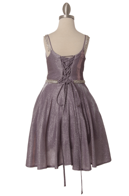 A-line metallic glitter dress with lace-up back.