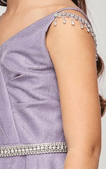 Lilac A-line metallic glitter dress with lace-up back. A sleeveless sweetheart party dress has bejeweled straps, beaded waistband, side pockets.