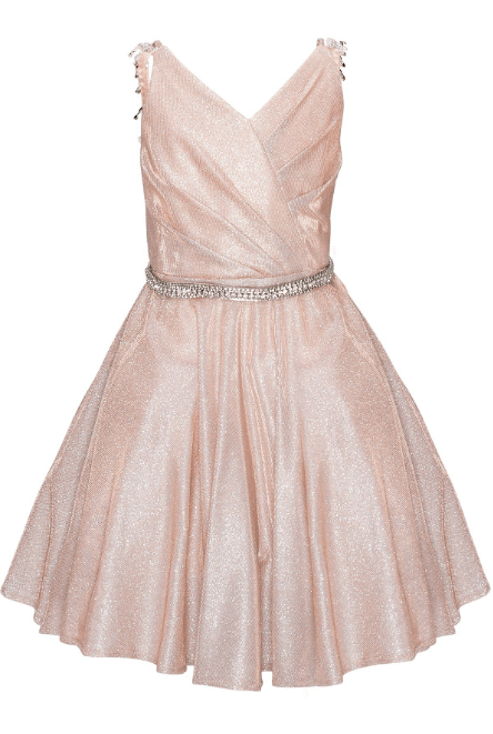 Rose gold A-line metallic glitter dress with lace-up back. A sleeveless sweetheart party dress has bejeweled straps, beaded waistband, side pockets.