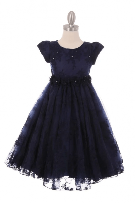 Girls navy chantilly lace tulle dress with short sleeves
