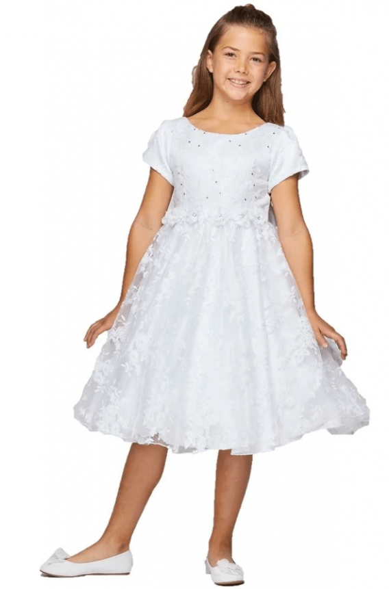 Girls white chantilly lace tulle dress with short sleeves