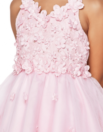 pink high-low floral applique dress adorned with 3D floral appliques and pearl beads with a high-low ruffled tulle skirt.