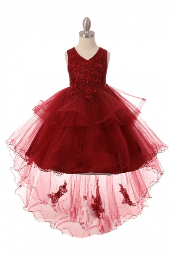 burgundy high-low tiered skirt dress with lace appliques