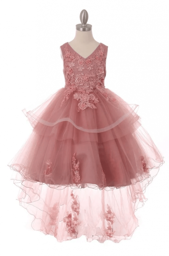 dust rose high-low tiered skirt dress with lace appliques