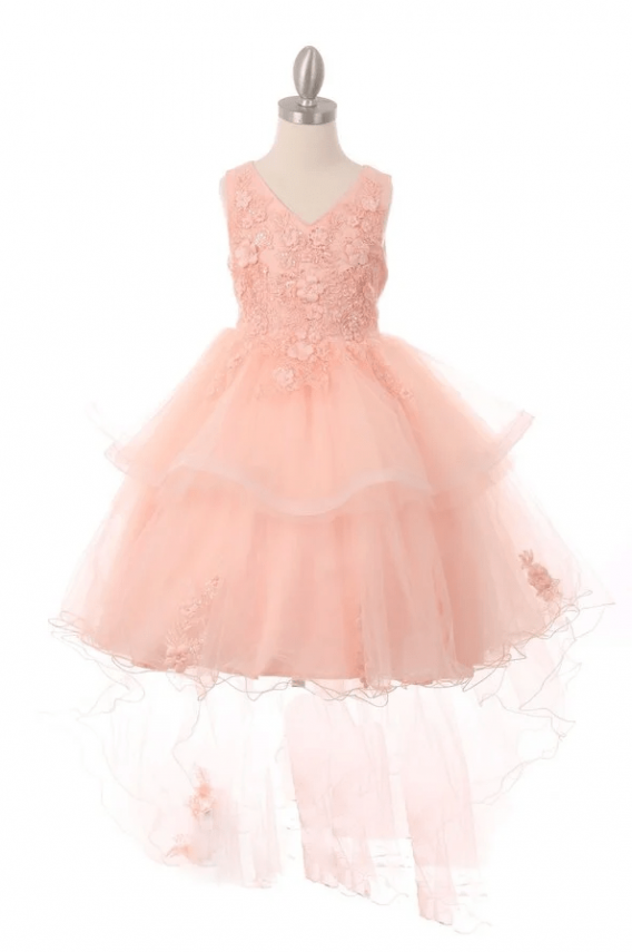 peach high-low tiered skirt dress with lace appliques
