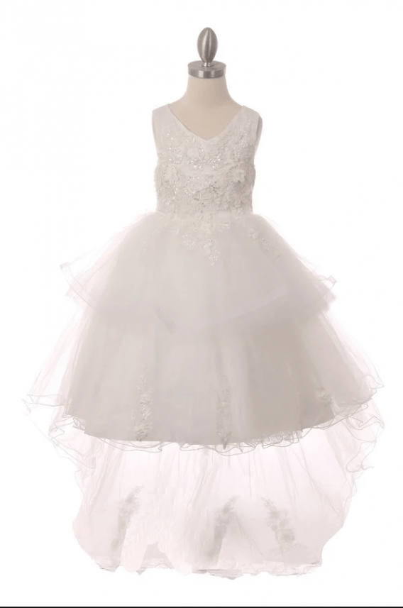 white high-low tiered skirt dress with lace appliques
