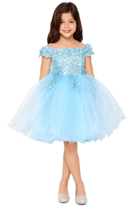 blue spring off the shoulder lace dress, 3D flowers, rhinestone, glitter tulle skirt