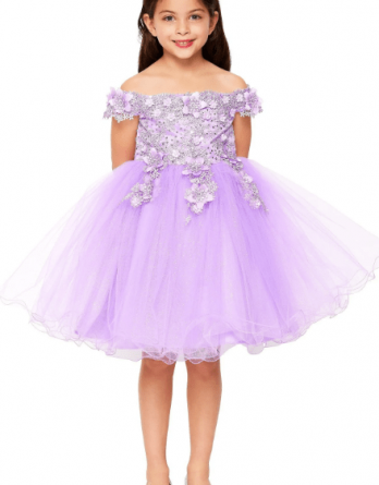 lilac spring off the shoulder lace dress, 3D flowers, rhinestone, glitter tulle skirt