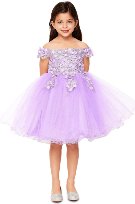 lilac spring off the shoulder lace dress, 3D flowers, rhinestone, glitter tulle skirt