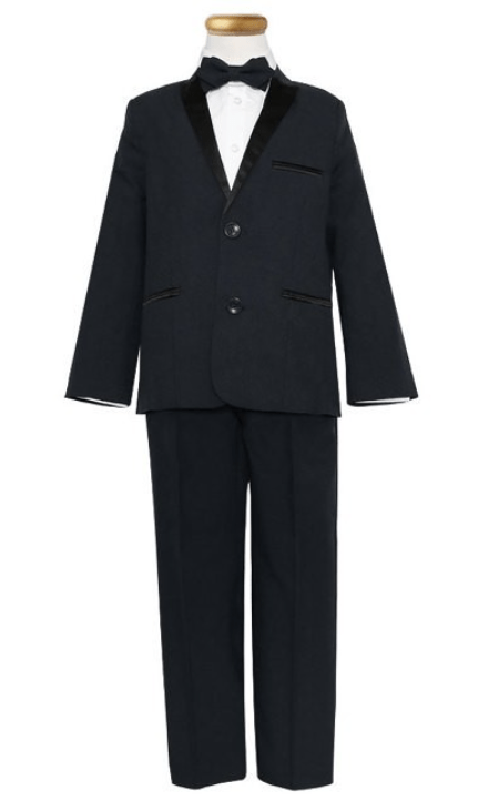 This black 4-piece Tuxedo set includes Jacket, shirt, pants, and wrap around bowtie. We offer these tuxedo suits for infant and toddler to teen boys.