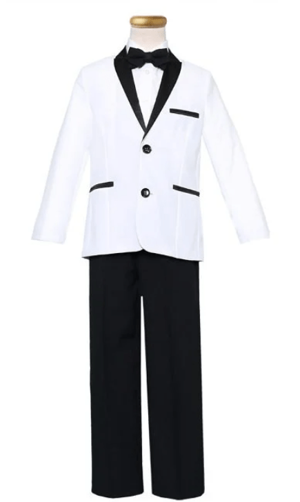 This 4-piece Tuxedo set includes Jacket, shirt, pants, and wrap around bowtie. We offer these tuxedo suits for infant and toddler to teen boys.