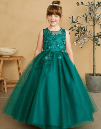 Emerald green Childs Ball Gown with Illusion Neckline Bodice with 3D Floral Applique and a Glitter Tulle Skirt.