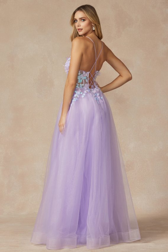 Sleeveless lavender prom dress with illusion V-neck bodice with removable puff sleeves and corset boning.