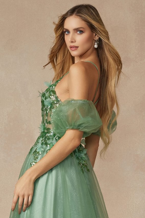 Sleeveless sage green prom dress with illusion V-neck bodice with removable puff sleeves and corset boning.