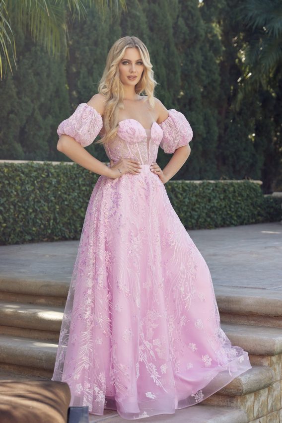 Off the shoulder puff sleeve prom gown