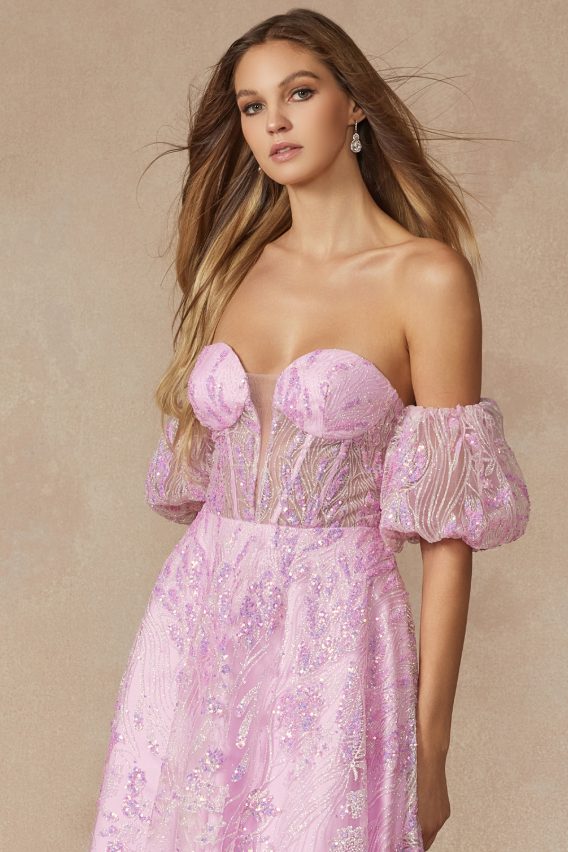 Off the shoulder puff sleeve prom gown