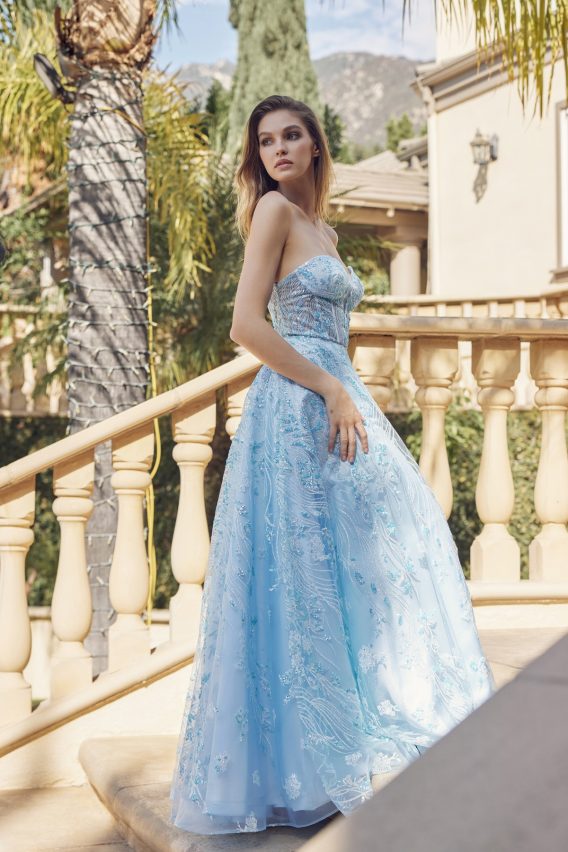 Off the shoulder puff sleeve prom gown, show with sleeves removed.