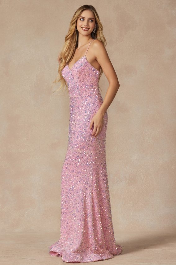 pink or black fitted sequin velvet prom dress