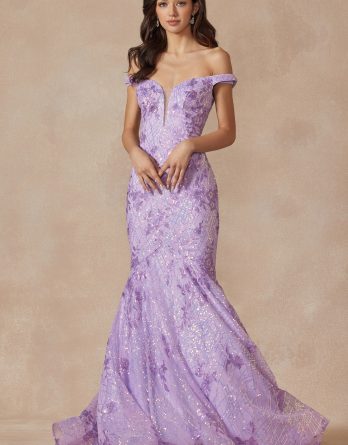 lilac off the shoulder mermaid prom dress