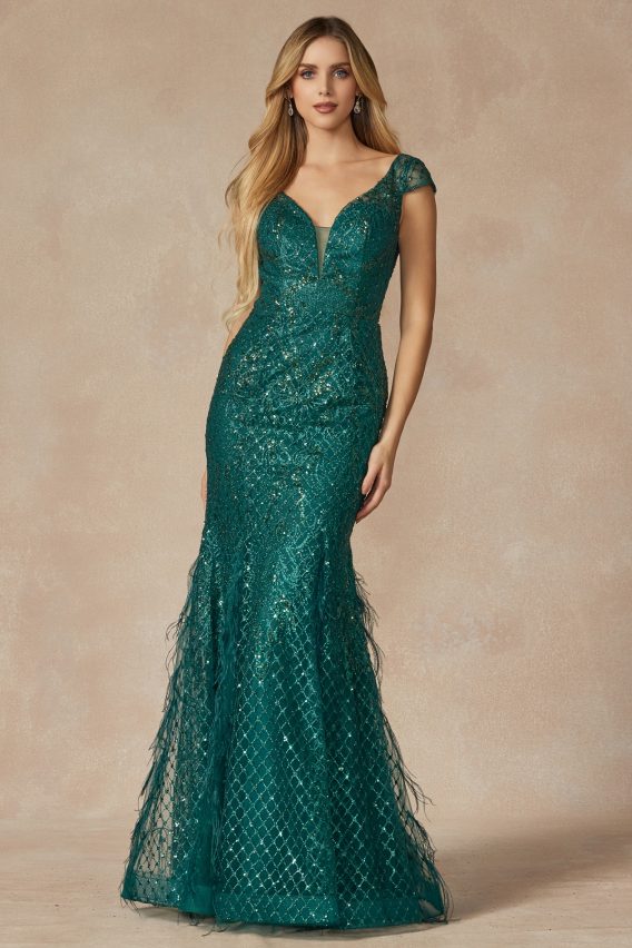 Green feather glitter trimmed gown