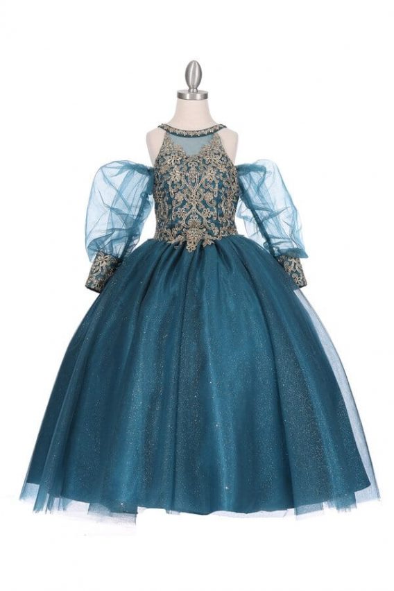 Girls' fairytale princess ball gown. An illusion halter bodice, puff sleeves, lace applique, corset back.