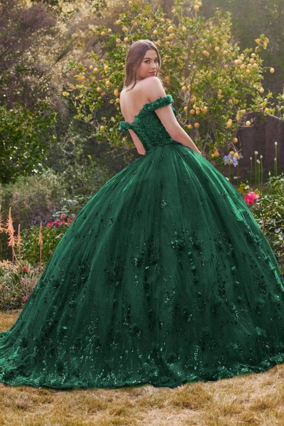 Green Off the shoulder Quinceanera floral glitter gown for prom