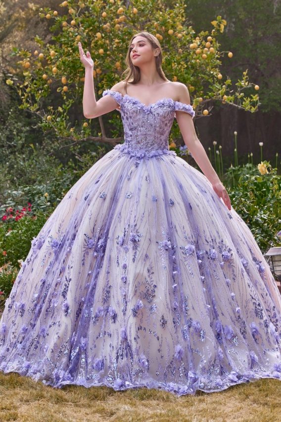 Lilac Off the shoulder Quinceanera floral glitter gown for prom