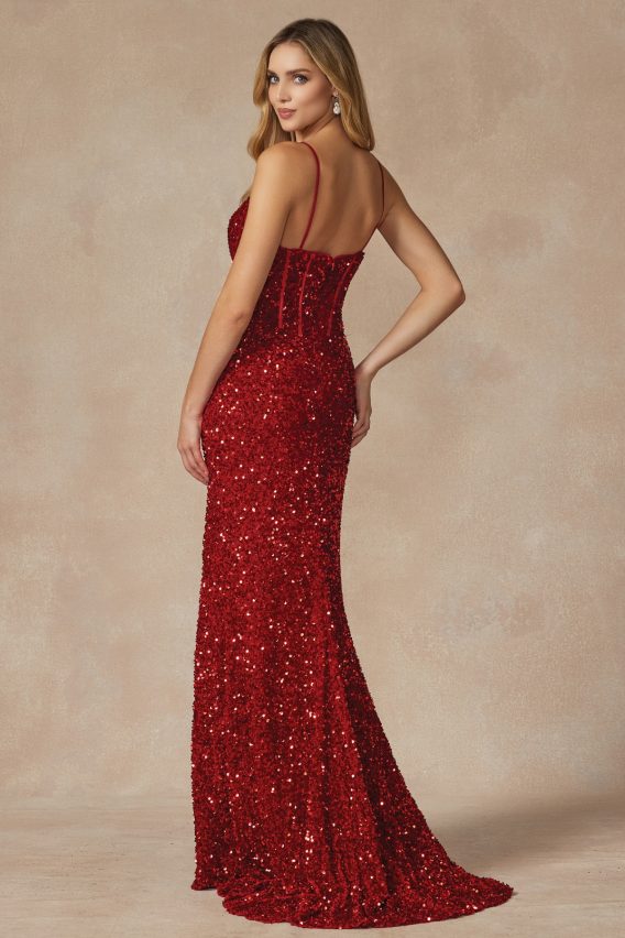 Red velvet sequin gown with corset bodice. Beautiful velvet sequin gown $200.