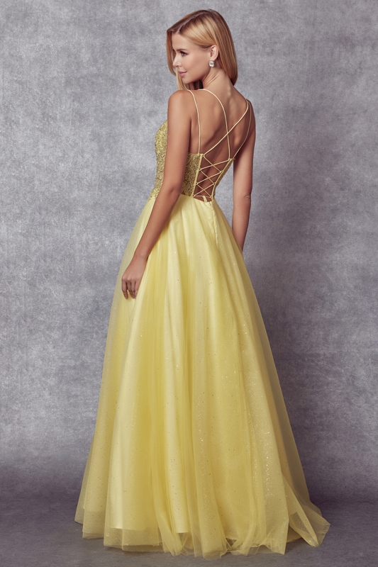 yellow lace up back prom dress