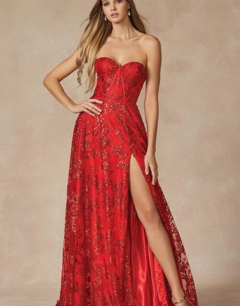 Red Prom Dress with a Side Slit and Corset bodice