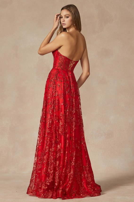 Red Prom Dress with a Side Slit and Corset bodice