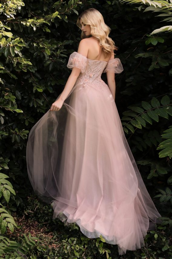 blush corset bodice floral applique prom ballgown with puff sleeves