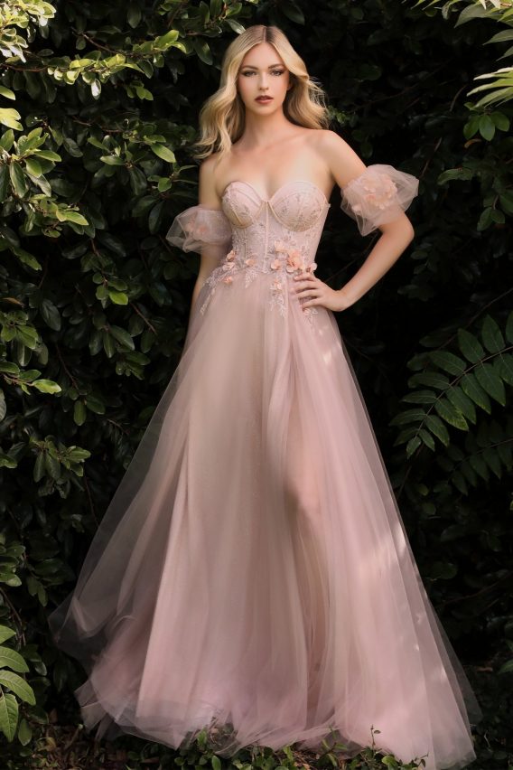 blush corset bodice floral applique prom ballgown with puff sleeves