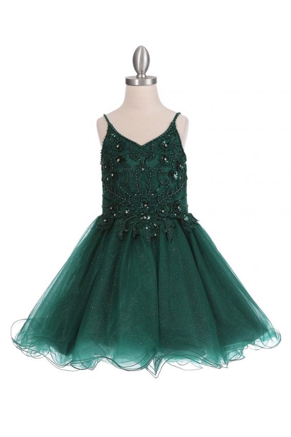 Green tulle A-line short party dress with a wired bottom skirt. Accented with beads, flowers, and rhinestones.
