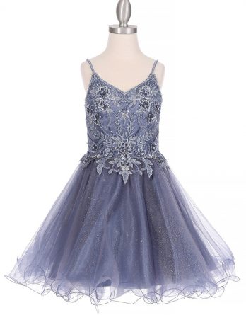Girls rhinestone tulle A-line short party dress with a wired bottom skirt. Accented with beads, flowers, and rhinestones.