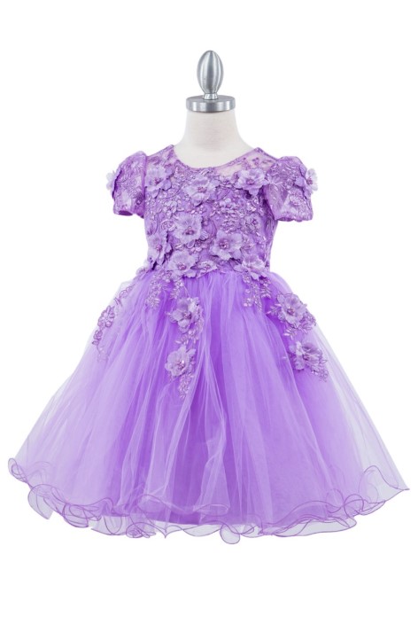 Lilac girls cap sleeve dress with 3D flower applique.