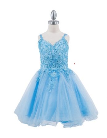 Short blue tulle dress with embroidered V-neck and an open lace-up back, with an A-line ruffled skirt.